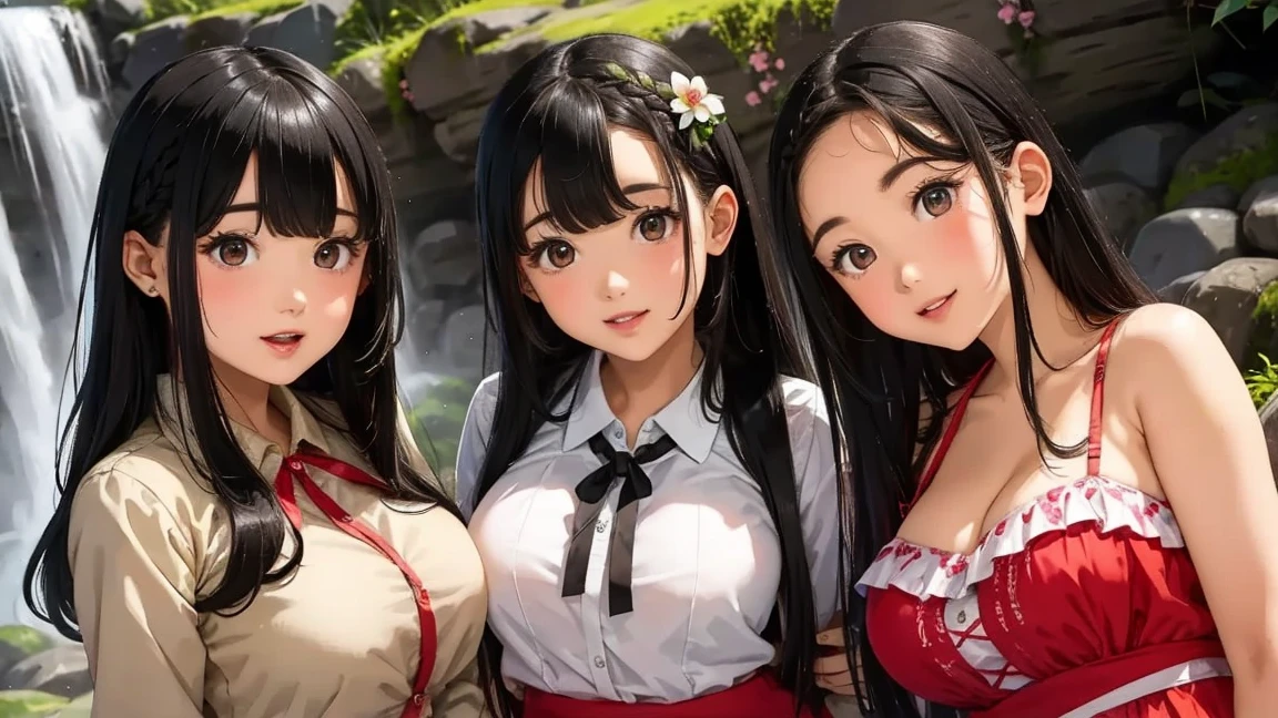 ( 3 girls),smile、Look into the camera、diamond necklace、braided hair, (Half-body maid cafe outfit with open chest showing breasts:1.1)、revealing upper arms、Extra long twin tail feathers、Flower Hair Ornaments、 Masterpiece, Highest quality, 8ก, beautiful girl, young face、 photography, Cute face, thigh,(Sitting on a wooden bridge in a lotus pond),、รอยsmile、small waist, blue eyes(((The chest is erect...)))(((round chest)))(((big breasts:1.2)))