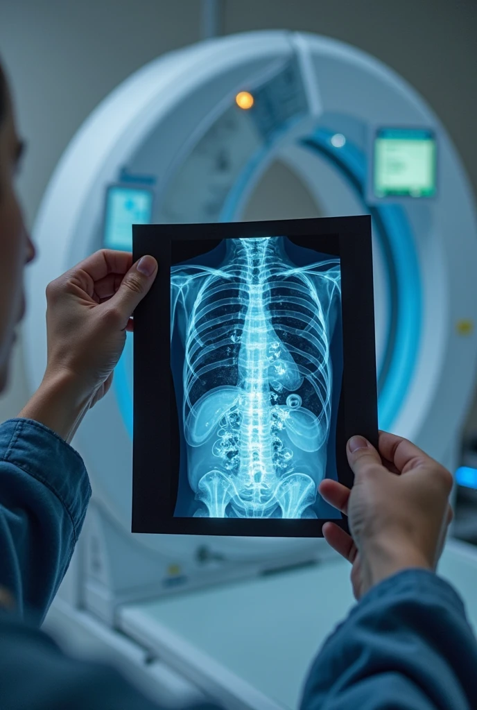 Photo of male doctor looking at lung CT scan , Don't show the face of a doctor, hands only