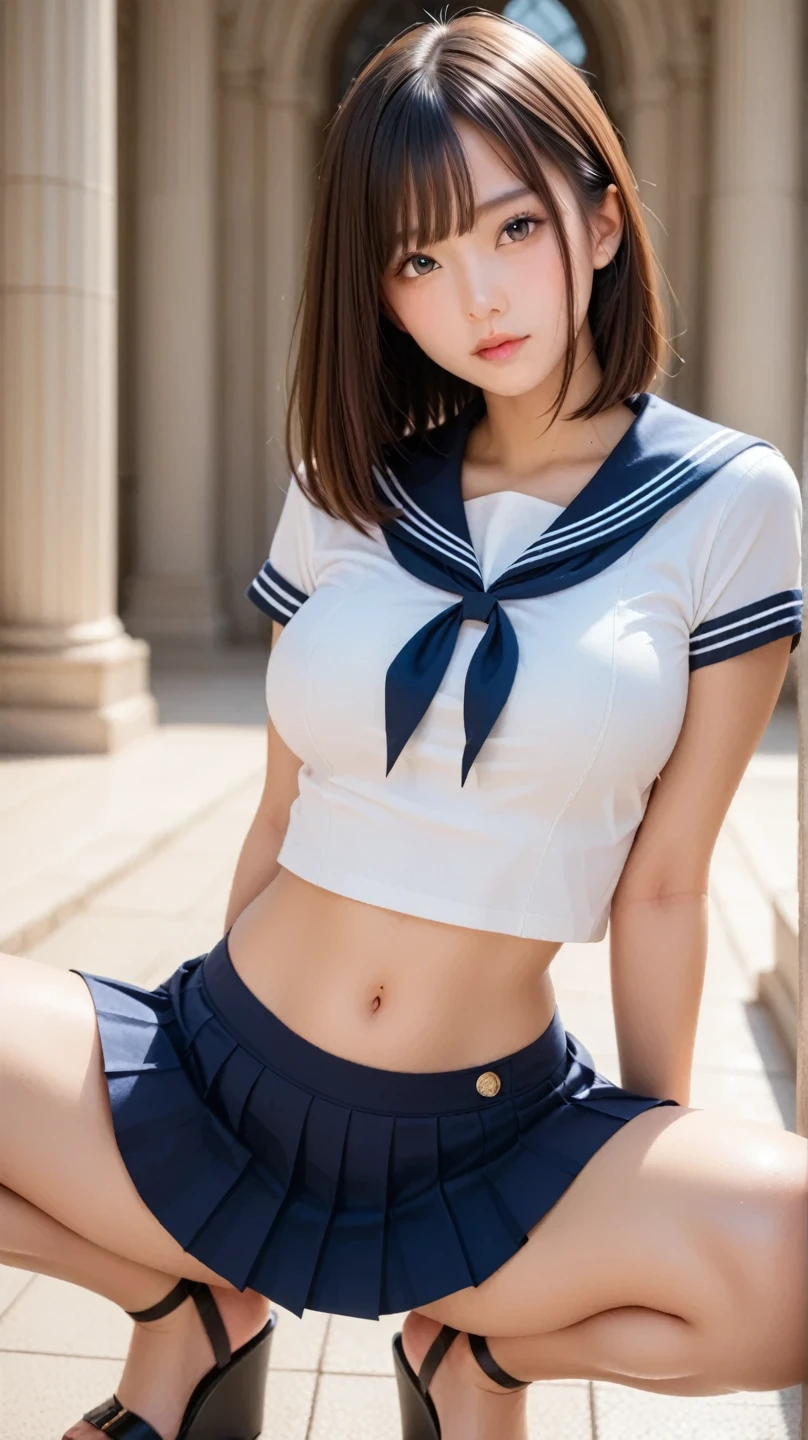 (Photorealistic, masutepiece, Best Quality, Raw photo:1.3)、1girl in, 18years old,Solo,school girl, Long hair, Brown hair, Detailed face, alluring face, Detailed beautiful eyes,(sheer sailer uniform :1.3), (coverd nipples:0.9),medium breasts,(underboob:1.3), Dynamic Pose, (Looking at Viewer, front view,eyes focus:1.2), Detailed background, fine detailed, intricate detailes,  Ray tracing, depth of fields, seductive smile