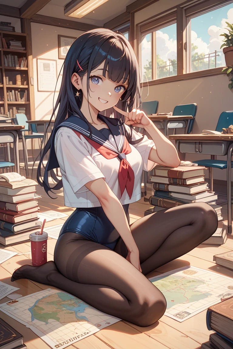 Ultra high resolution, 16k, ((masterpiece)), ((best quality))), ((super detailed)), a girl, long black hair, high school uniform, wide eyes, smile, in the classroom