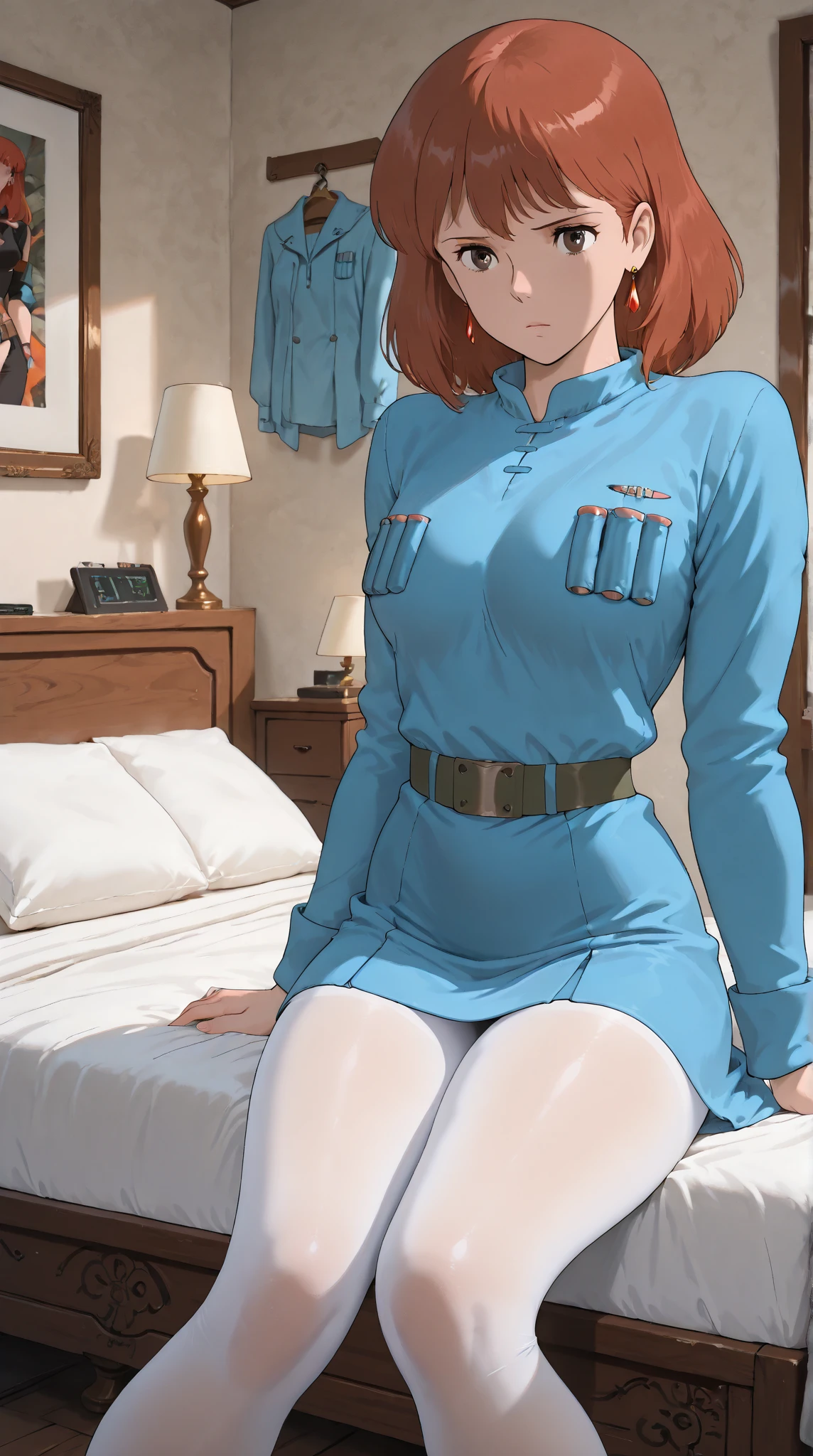 masterpiece, Highest Quality, Great Quality, Absard Dress, very aesthetic, (1 female, VWNausicaa), medium hair, brown eyes in the bedroom, small breasts, earrings, blue dress, Chest, (Low Legs:1.2) Short Skirt, chest bullet holder,long sleeve, belt, white tights