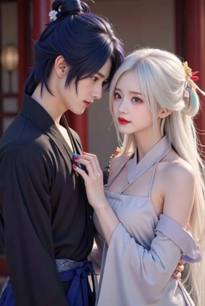1 man,sharp looking blue eyes,Sharp pupils,White sharp hair,He wore a black noble robe,Intimate hugs and kisses to his lovely wife((35-year-old face))