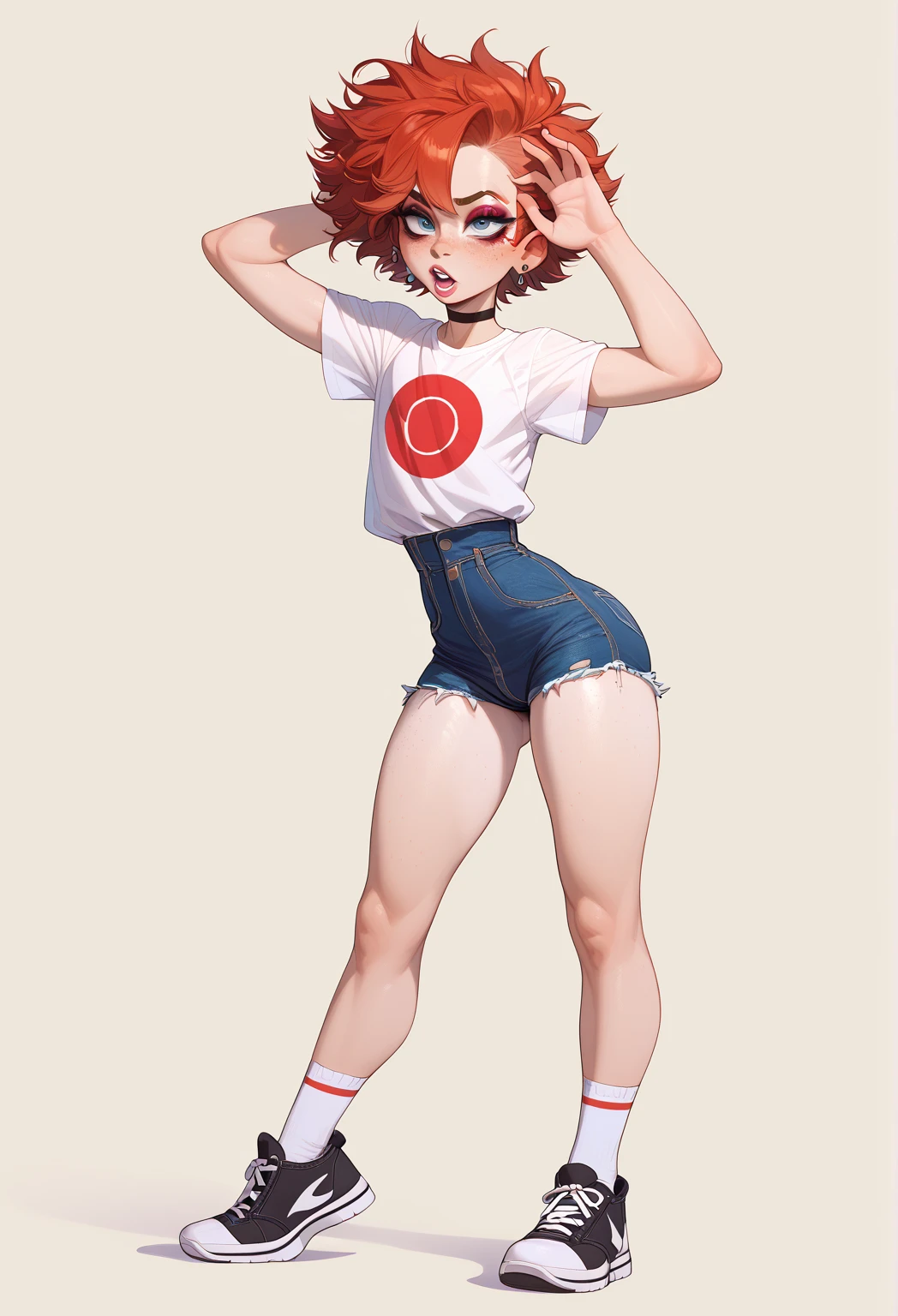 18 year old woman (baby face) slender figure、(bare woman), (Looks like a 12 yen), (Shorts aberto)、top model, (flat chest)、Posed and photographed、pose legal、graffiti art background、Provocative、raunchy、brat