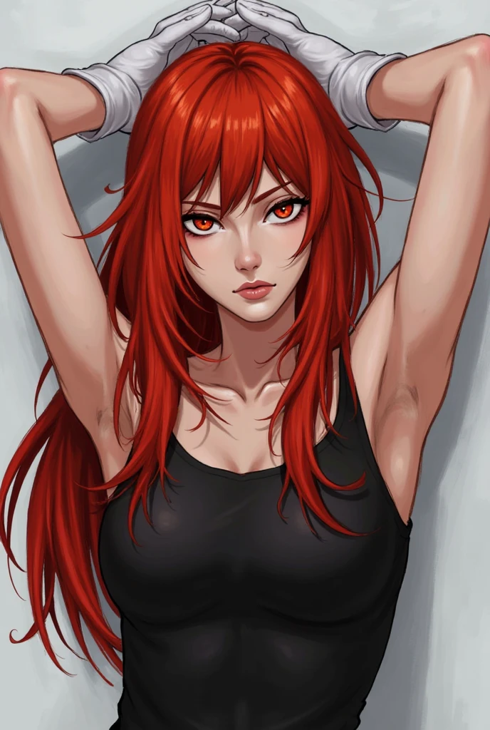girl with long red hair and a black bra top, red waist-long hair, hair flowing