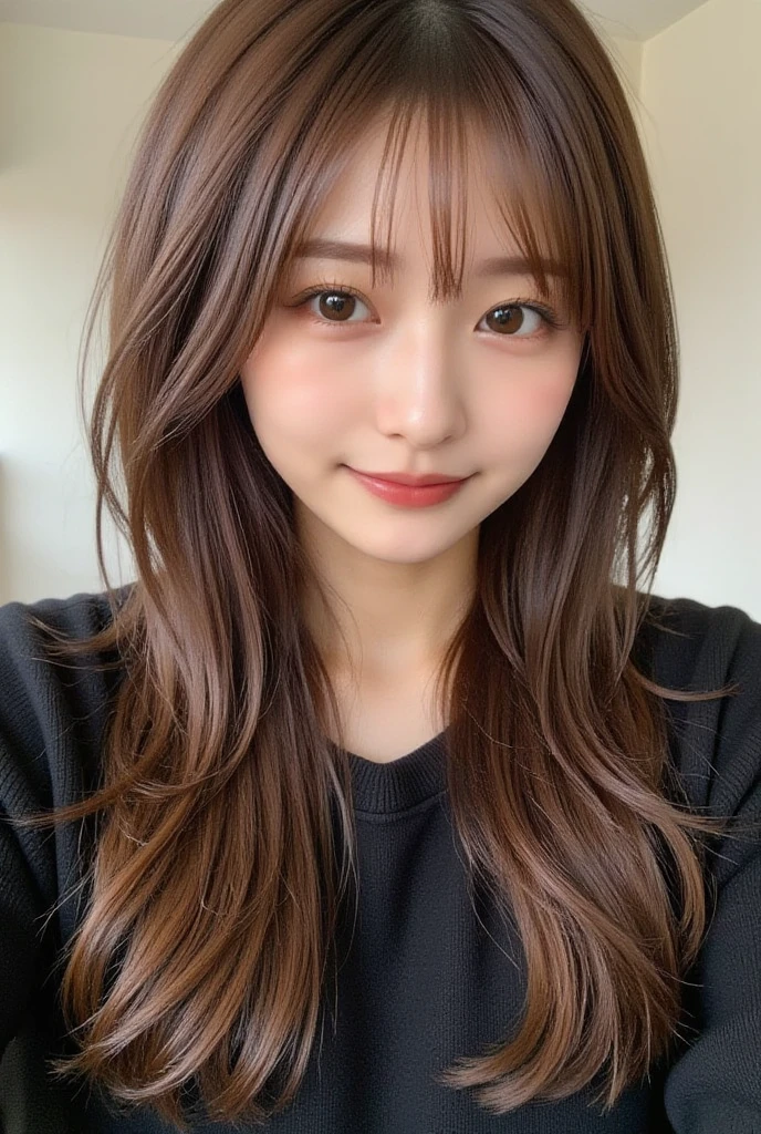 (masterpiece:1.3), (8K, Photoreal, Raw photo, best image quality: 1.4), japanese girl、12 years old、(random hairstyle:1.2)、(cleavage:1.2)、super detail face、eye for details、double eyelid、chest to chest、sharp focus:1.2、(cute woman:1.4)、light brown hair、bangs、highest quality、Super high resolution、(Photoreal:1.4)、Highly detailed and professionally lit smiles、loose and light knitwear、thin、smile、long hair、upper body portrait