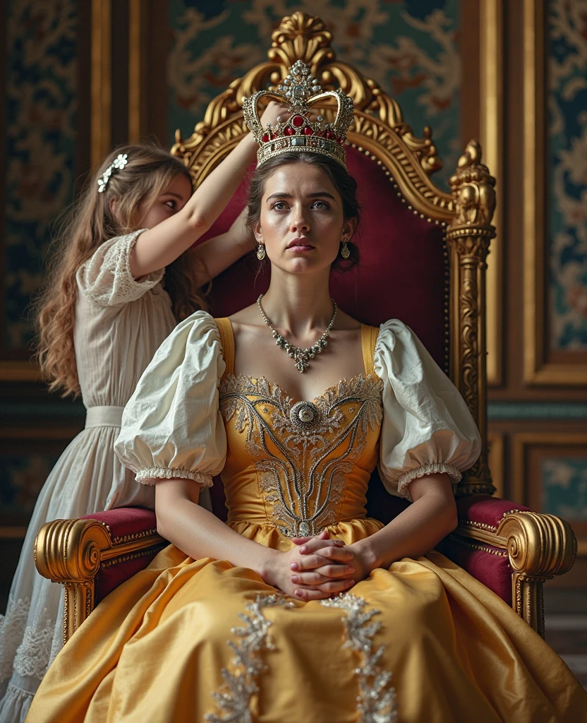 Attractive 1800s princess sitting in a throne with several princes on their knees giving flowers