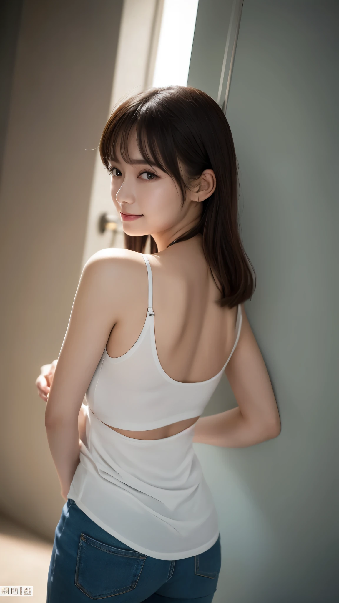 (Changing clothes:1.8), (Baby Face:1.3), (Highest quality:1.4), (Very detailed), (Very detailed美しい顔), underwear, (Baby's physique:1.2), Great face and eyes, iris, (Flat Chest:1.5), (Skinny body type:1.5), Short sleeve, smile, (Face close-up:1.2), (Half-taken dress), Side Angle, Stylish locker room, From the back, Smooth, Very detailed CG synthesis 8k wallpaper, High-resolution RAW color photos, Professional photography, Light, BackLight, dream-like, impressive, Written boundary depth