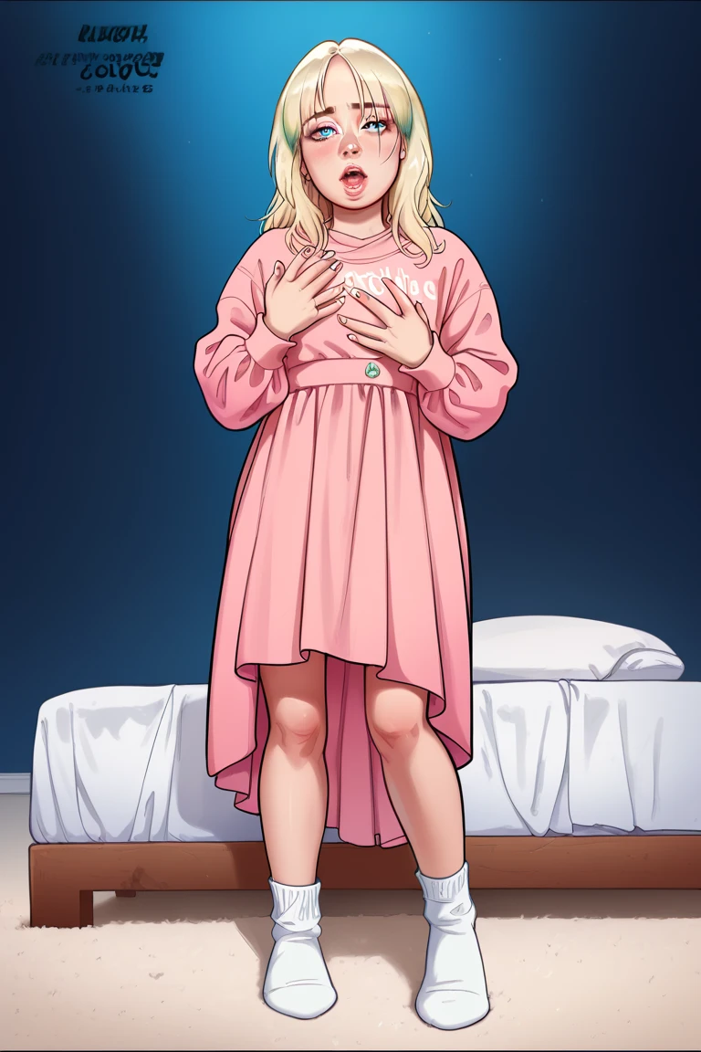 2girls (twins), sitting on red bed , arms raised in the air , front view, cute, android 18, blonde hair, shor hair, wearing pink nightgown