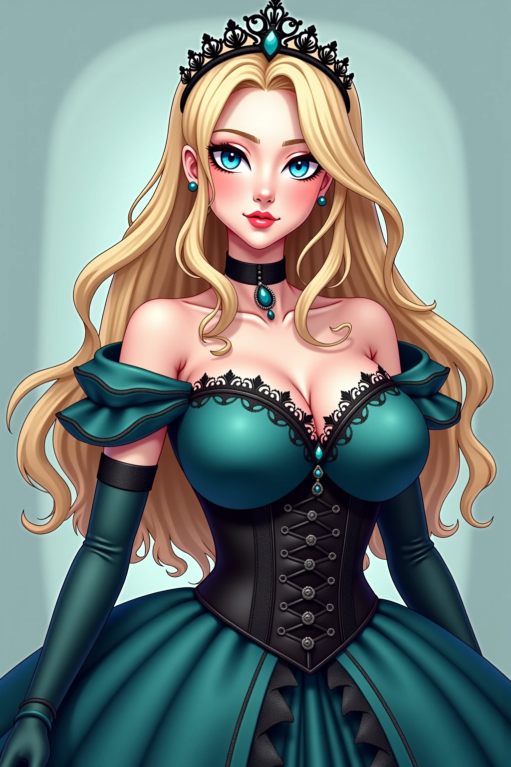 ((Best quality)), ((Masterpiece)), (detailed), perfect face perfect figure, Middle Ages, forest background, 26 year old, Scandinavian woman, Princess, Golden hair, bun-like hairstyle, bright blue eyes, pale skin, large breasts, tight blue dress, corset, cleavage, diamond tiara,