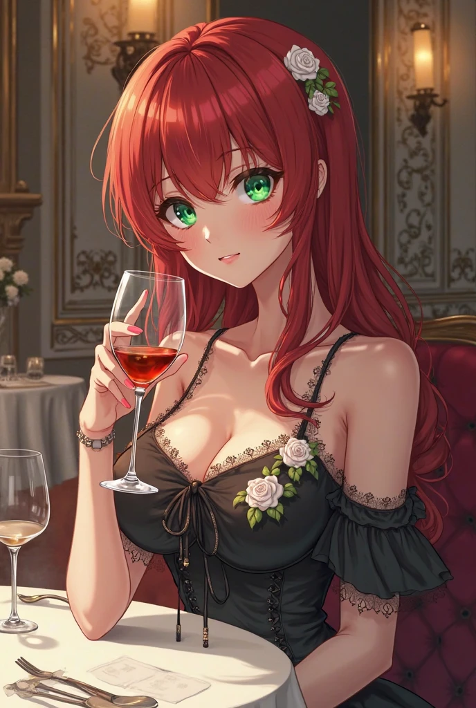 (best quality,8k,highres,masterpiece:1.2),ultra-detailed,(realistic,photorealistic,photo-realistic:1.37),Rias Gremory,ball,party,dress,eyes shining,detailed face,vivid colors,background with people,16k resolution,illustration,sparkling lights,celebration,dancing,beautifully decorated venue,warm atmosphere,lively music,dancing couples,enjoying drinks and conversations,confetti in the air,balloons in vibrant colors,glamorous outfits,exquisite ball gown and tuxedo,champagne glasses raised in toasts,laughter and smiles,energetic dance moves and twirls,people socializing and having fun,group photos and selfies,exquisite makeup and hairstyle,ornate chandeliers casting a soft glow,warm candlelight illuminating the scene,elegant and classy ambiance,excitement and joy filling the air,memorable and enchanting evening, black dress, soft smile