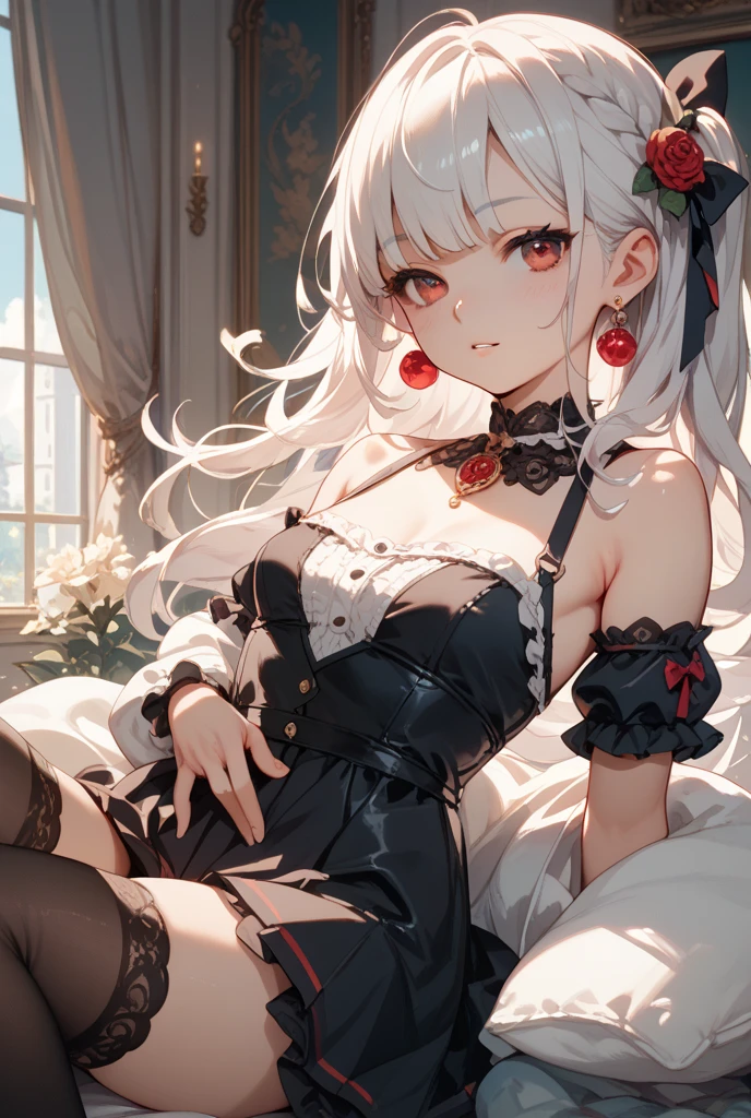 hair over one eye, white hair, hair over shoulder, curly hair, mole under eye, heart-shaped pupils, rolling eyes, blush, oral invitation, kneeling to sitting on the ground, Black stockings, Black high heels on a red sole, Black sexy dress, high detail, reference sheet, panorama, textured skin --auto