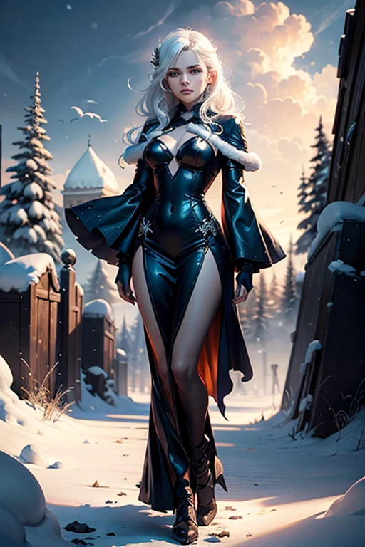 Top Quality, Photorealistic, 8K, High Definition, absurd res, high res, ultra sharp, masterpiece, (masterpiece), best quality, expressive eyes, perfect face, Super eyes, 1 African woman, ice, snowy landscape, glyphs, polar bear, pure loose dress, sparkling, intimidating, ice witch, windy, snow storm, glowing skin,
