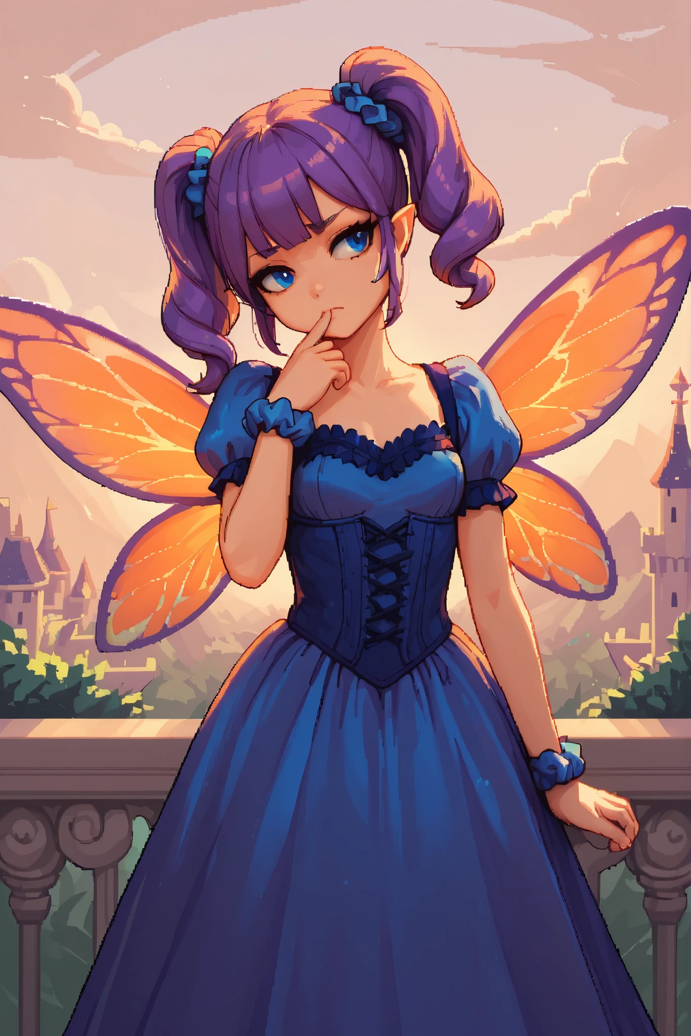 score_9_up, score_8_up, score_7_up, 1girl, solo, source_anime, pixel art, fairy, FairyForm, Fairy Wings, Wings BREAK
Short twintails, fairy wings, bangs, small breasts, purple hair, blue eyes, hair_scrunchie, blue_scrunchie BREAK
Victorian_dress, orange dress BREAK
Looking away, frown face, head tilt, hand to mouth, closed mouth, standing, balcony, (fancy castle), golden structure, cloudy sky, sunset sky