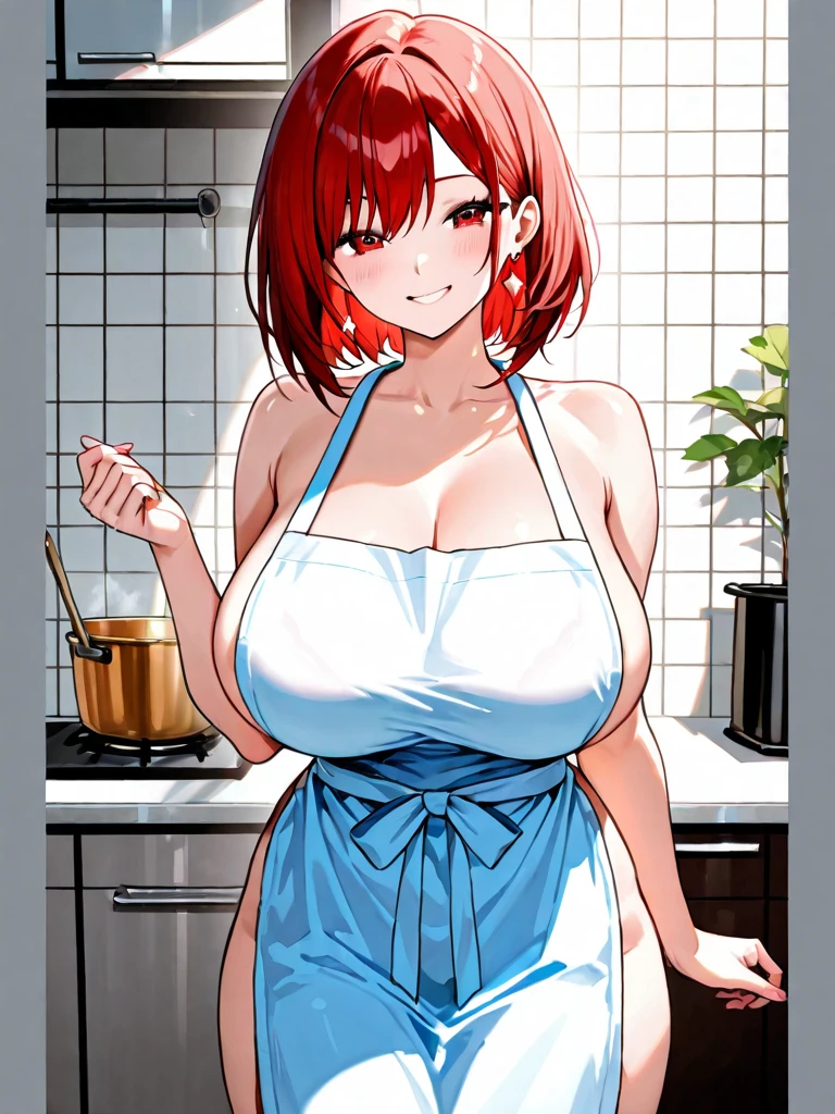 realistic face, warm colors, housewife, Mother, redhead, short hair, big lips, medium breasts, she is not fat, big thighs, (Brown eyes), (He wears a white t-shirt, transparent, very tight to your body, he has the shirt on, you can see your belly, very wet), (she wears a mini skirt, very tight to the body, very short), (sin sosten, no panties), (barefoot), (Red cheeks, opening his mouth lasciviously, Ahegao), (positioned stopped), is in the kitchen