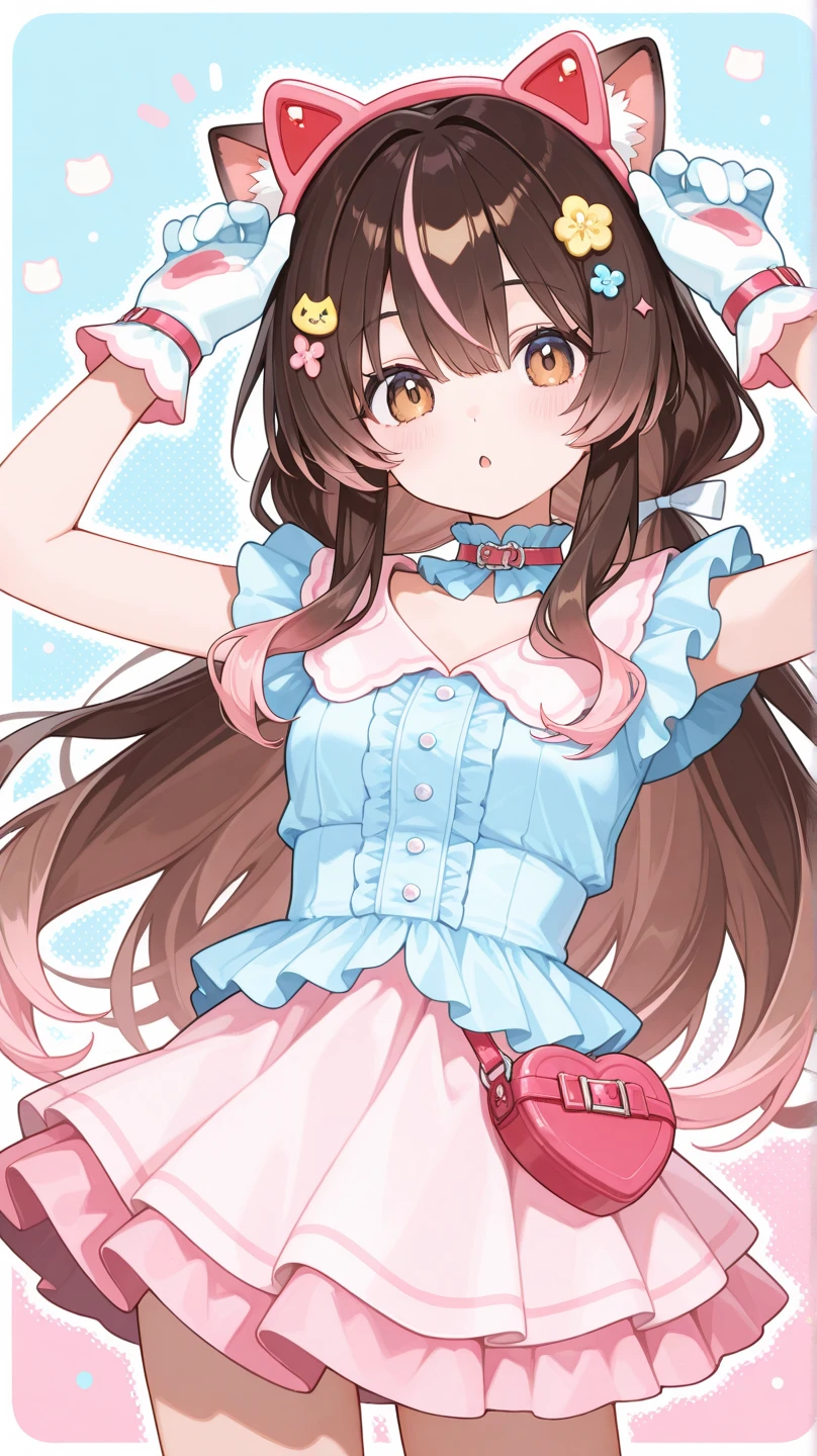 absurdres, best quality, 1girl, solo, <lyco:GoodHands-beta2:0.7>, yellow eyes, brown hair, long hair, large breasts,  <lora:ahCat:1>, ahCat, blue theme, cat ears, blue dress, sleeveless dress, pink ribbon, large ribbon, striped thighhighs, detached sleeves, collar, jingle bell