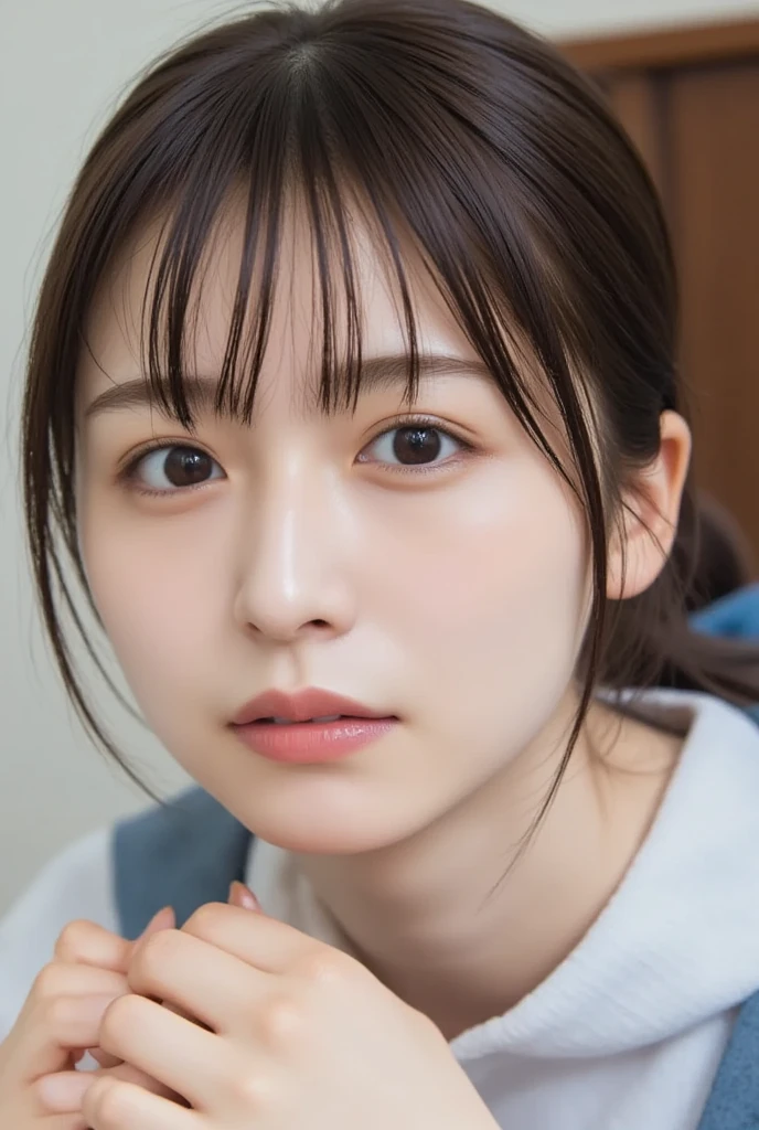 (((Ultra-high resolution、Close-up、Cute Japanese Woman)))、Long, straight black hair frames her face、So that every single hair is clearly visible、Depicts subtle color changes depending on the amount of light hitting the subject、The skin is white and smooth、Has a natural glow、Fine skin texture、Representing the fine details of pores、amountや頬に薄い赤みがある部分を詳細に、The eyes are almond-shaped and dark brown.、Fine details of the iris、Depicts color gradations and patterns、Long, natural-looking eyelashes, each and every one visible、Well-groomed eyebrows、indivual々The hair is clearly visible、Light reflects off into the eyes、Create small highlights、noseは繊細で、nose孔の細かいディテールがある、Lips are plump and naturally pink、Depicts the fine lines and soft curves of the lips、Shiny、Accentuate the shape、Detailed depiction of lip texture、Particular attention to the depiction of light and shadow、Soft natural light gently illuminates the face from the front、amount、nose、Creates a subtle glow on the cheeks、Shadows are cast softly along the contours of the face、cheekbone、Jaw Curve、noseの側面を強調、The gloss of her lips reflects the light faintly.、Emphasizes plump texture、The shadow of the hair adds depth and dimension.、indivual々The hair shines in the light、The background is simple and blurred.、Focus on the face、In the highest quality、Representing the utmost detail