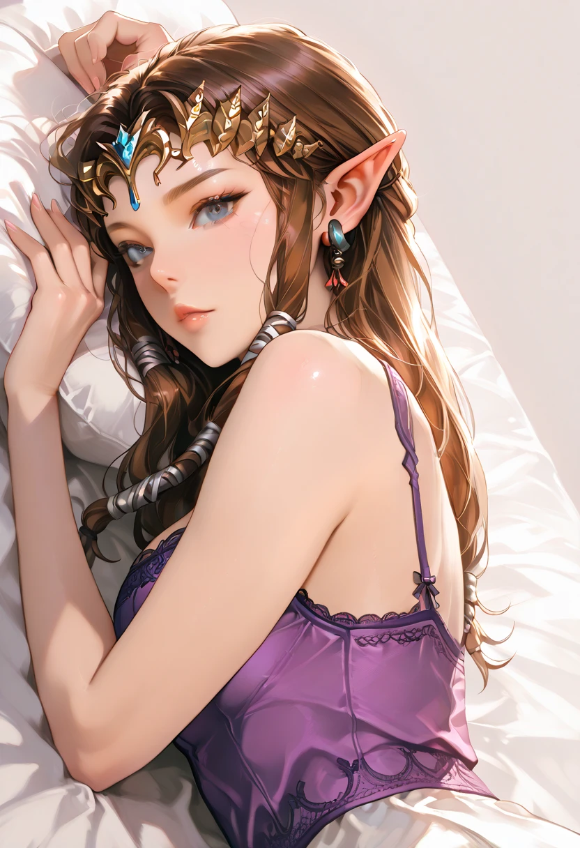 (absurdres, Masterpiece, best high quality image, carefuly detailed features and textures, very detailed image, no deformity, good anatomy, full character view and design, character alone) {{(900 years old brown-haired elf noble mature beautiful milf princess:,(dark-brown short-messy-spiky-hair with ahoge, fair skin, purple eyes, brown eyebrows, absolute feminine elder beauty, beautiful and sexy features, huge breasts, tall voluptuous body, beautiful arms, beautiful legs, short pointy ears, beautiful hips),(smiling, happy expression, modeling sexy pose),(she wears: purple one-piece simple swimsuit, red jewell necklace),(she is lying on bed sedictive and horny,), (couple double bed, couple bedroon, with pink bed-sheets, wooden couple bed, blue walls, marble furniture)}}