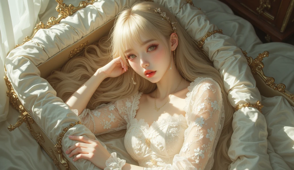 Eyes closed,Lying in bed, 16 K、s asleep、Gentle face、Wearing a Nightgown