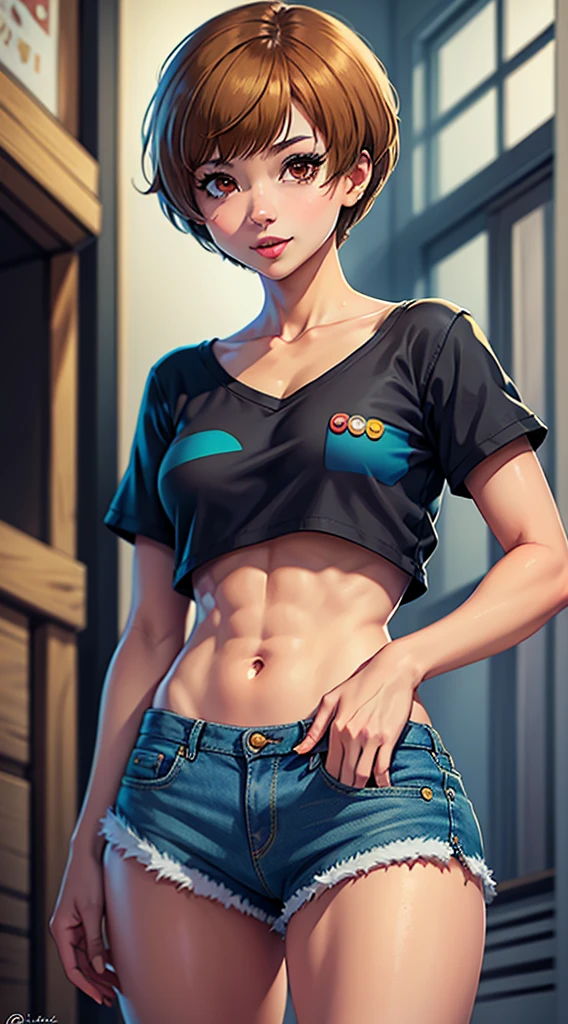 very young slim fit girl, full body shot, rounded face, very short disheveled dark blue hair, big yellow eyes, shy smile, perfect flat breast, band on head with fake cat ears, look at you, (ahoge:1.2), megane, ginagerson, a strand of hair from the bangs hangs between the eyes, accurate small snub nose, 16k, masterpiece, realistic style, perfect fingers, short denim microshorts with black pantyhose, accurate hands, naked jacket, pale small areola