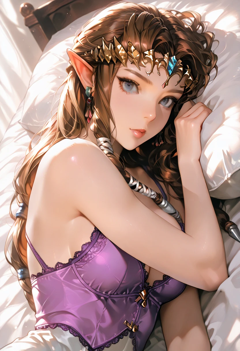 Young elf warrior, with light brown hair and gray eyes, fully body, perfect, HD, full HD. new, Leg Open, hands tied above head,  slavegirl, Caucasian skin, excited, Mate, new. on the  bed.