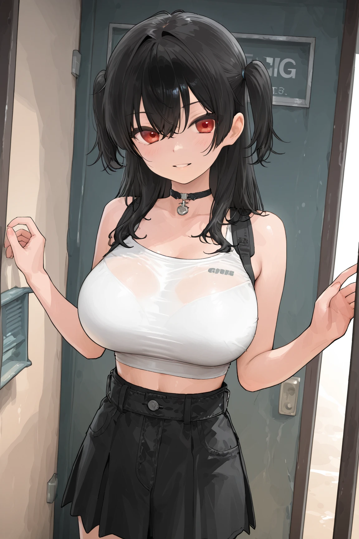 cowboy shot, (ultra-high resolution, depth of field:1.2), 1woman, mature, (black hair), short messy hair, ponytail, (red eyes), white pupils, ((bags under eyes)), (shaded face:1.2), empty eyes, angry, frowning, (arm tattoo), large breasts, wide hips, black tank top, denim jeans, looking at the viewer, indoors, hand on own hip