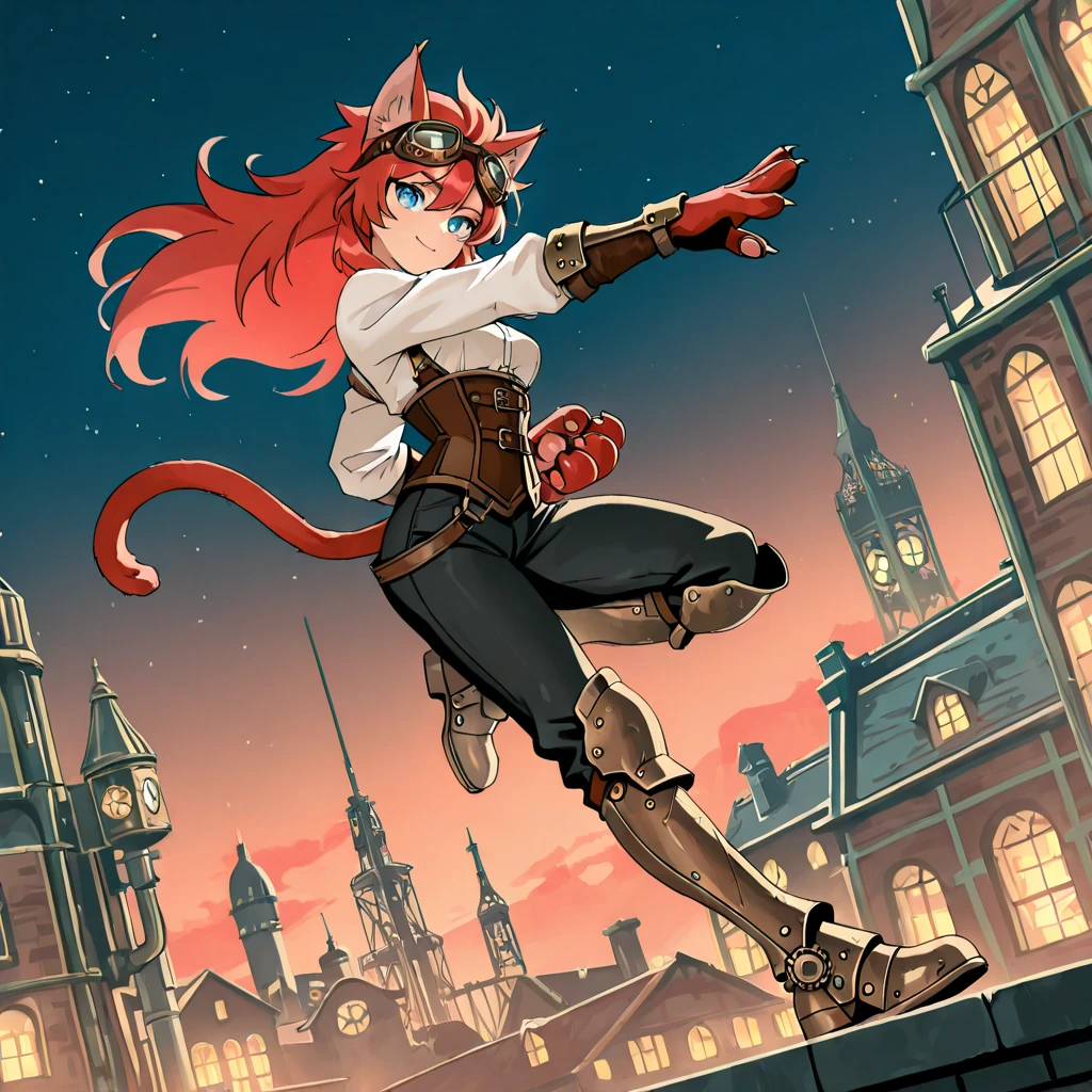 best quality, masterpiece, 2d, intricate details, anime, anime style, full body picture, catgirl, 1girl, red hair, spiked hair, blue eyes, enchanting eyes, wild hair, long hair, small smile, animal ears, red ears, red cat tail, cat ears, thighs, red hand paws, short hand claws, wearing steampunk armor, shoulder armor, wearing bracers, white shirt, corset, goggles on forehead, dark pants, armored boots, dynamic pose, steampunk city, towers, outside, (at night), night sky,