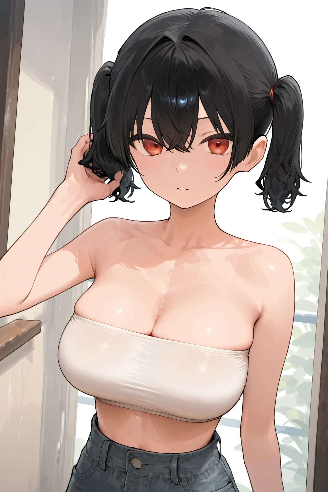 1 girl,Solo,upper body,black hair,red eyes,bare breasts,Criss Cross,Bikini,big breast,attractive,masterpiece,best quality,very aesthetic,absurdres ,front view,looking at viewer