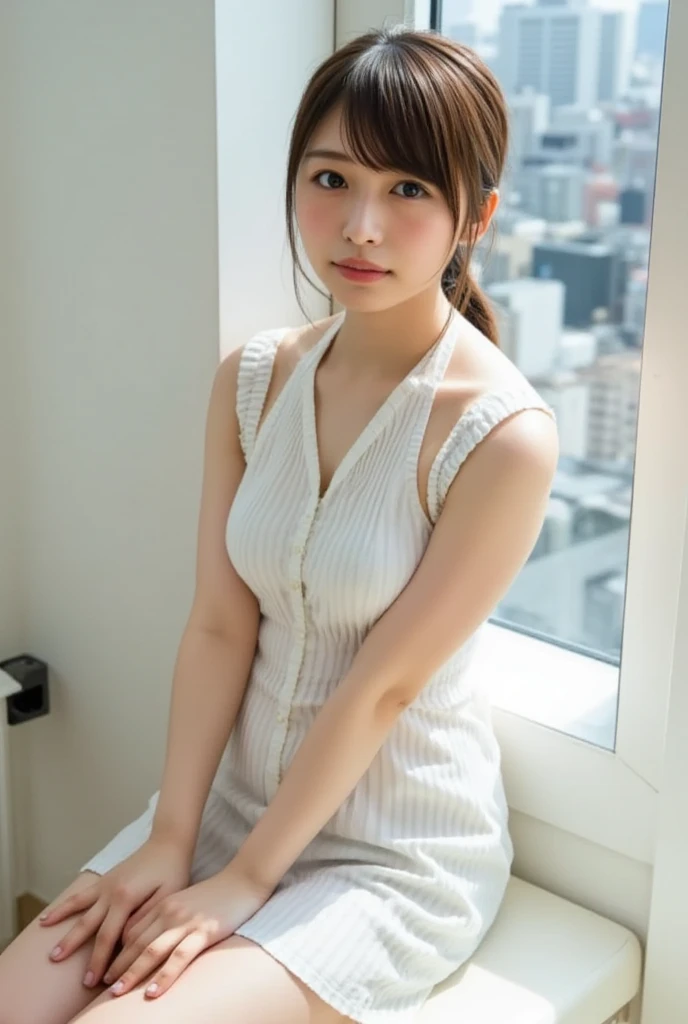masterpiece, Highest quality，16K, Ultra-high resolution，The light and shadow of reality，Cinema Lenses，((Very skinny)),((Her waist is so slim and beautiful)),((High nose、Small Mouth)),((Clean and slim face line)),((Big dark eyes with long eyelashes)),((Very small face))((Very slim and beautiful arms)),((She is very slim and has a great figure)),((Pure white beautiful skin)),((Cute Japanese Girls)),(((Pink floral dress、yukata))),((Sitting on a bench in a stylish cafe)),(Beautiful Eyes:1.1)，Reflecting clear eyes and a gentle smile,