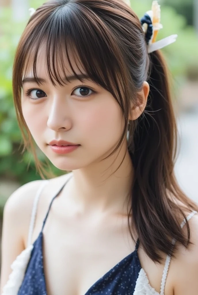 You are a professional photographer。masterpiece、8K、Highest quality, Soft Light, Ultra-high resolution, (Realistic:1.4), RAW Photos,Age 27 、1 Japanese girl, alone, cute、(pupil, Light in your eyes), Natural black eyes、Beautiful face in every detail,(High resolution detail of human skin texture)、(Cleavage、Big Breasts)、TA-Q-BIN、Delivery Person 、Wear work clothes with red stripes、Outdoor、(Portraiture)、Peek into the post、in a stooped position
