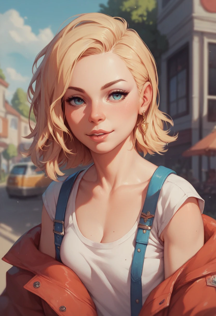 1 20-year-old sweaty blonde farmer with freckles all over her face and shoulders wearing a black t-shirt on a farm in the sun at a beautiful sunset