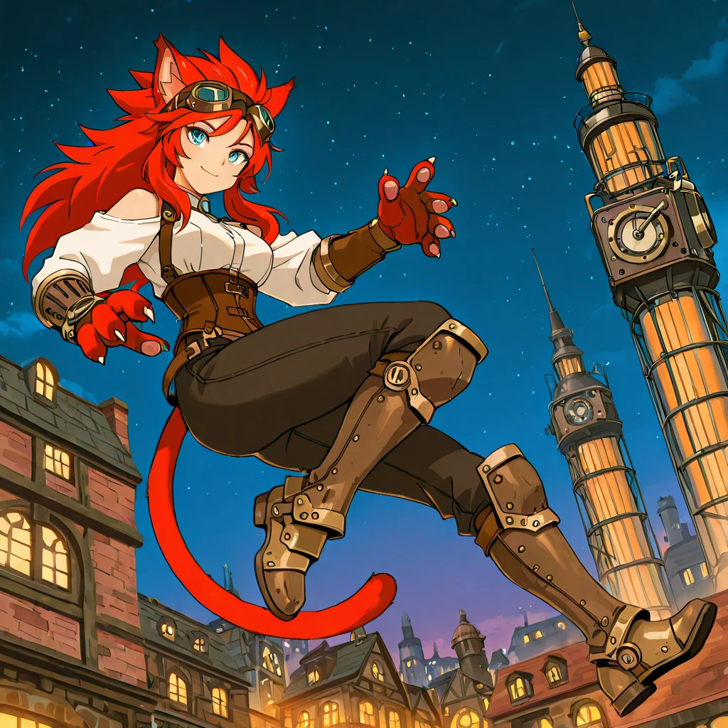 best quality, masterpiece, 2d, intricate details, anime, anime style, full body picture, catgirl, 1girl, red hair, spiked hair, blue eyes, enchanting eyes, wild hair, long hair, small smile, animal ears, red ears, red cat tail, cat ears, thighs, red hand paws, short hand claws, wearing steampunk armor, shoulder armor, wearing bracers, white shirt, corset, goggles on forehead, dark pants, armored boots, dynamic pose, steampunk city, towers, outside, (at night), night sky,