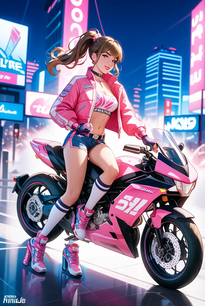 Official Art, highest quality, masterpiece, 超A high resolution, (Photorealistic:1.4), Raw photo, ((Ultra-Realistic Details)), Portrait, Global Illumination, Shadow, Octane Rendering, 8k, Super sharp, Asuka, Eva 02, One Girl, 13 years, Orange Hair, (Long hair blowing in the wind), Detailed facial depiction, Almond-shaped, sky-blue eyes, Long eyelashes, glossy lips, Tsundere and playful expression, (Red low rise leather skirt), (Pure White Cropped T-Shirt:1.4), (Underbust exposure), (Red Down Jacket:1.1), Big breasts and small waist, (1 Akira Bike Red:1.4), cycling, night, cyberpunk city view, Ultra-high definition CG quality,