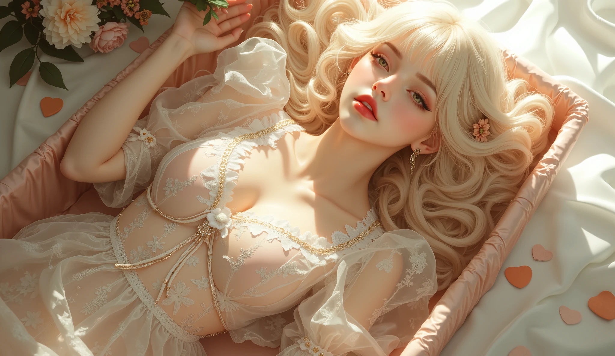 (8K, Highest quality, masterpiece),{Realistic, RAW Photos, Super Fine Clear, Portraiture, (oil, Delicate brushwork, Small touches, Beauty Painting, Yasutomo Oka's painting style:1.6)}, Realistic Light, Detailed skin, (Beautiful woman with slim body, Age 25, Fairy:1.5), Thin legs, fine grain, Long white wavy hair, Detailed fingers, thin, Sexual, Expressions of Ecstasy, (Dynamic and sexy pose, Fascinating, Spoiled, Decadent, Sensual, Luscious:1.6), (Huge bouncy firm bust:1.8), (Sexy see-through long dress,:1.2),(The dress has a wide opening at the chest;1.6), Exposing the breasts, (Paradise, Rose Garden:1.6), Wide and beautiful view,