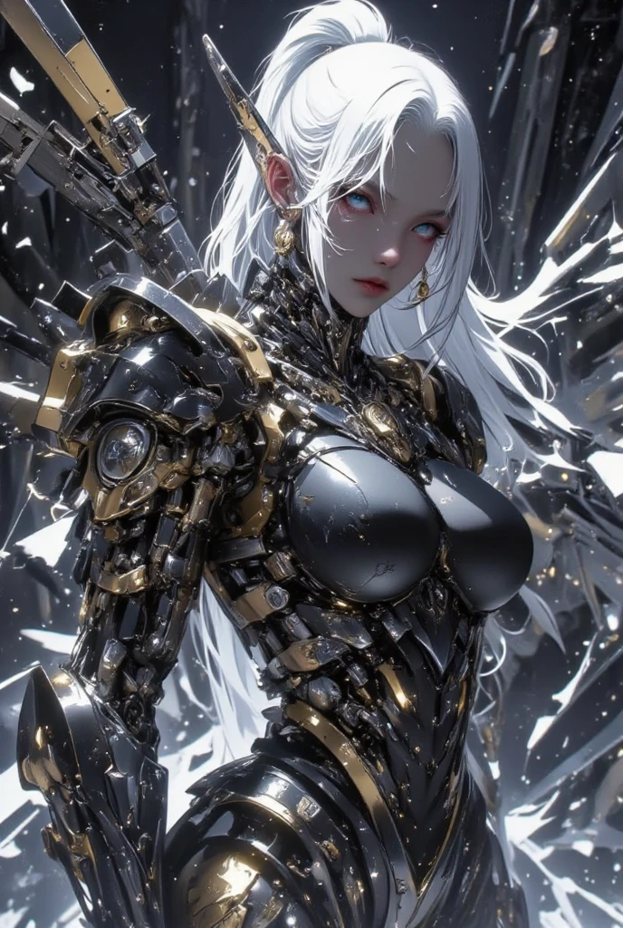cowboy shot, caustics,reflection,ray tracing,demontheme,nebula,dark aura,cyber effect, (1girl:1.4),solo,alone,mecha musume,mechanical parts, robot joints,single mechanical arm, headgear, mechanical halo,star halo,intricate mechanical bodysuit, mecha corset, kimono, full armor, very long hair,white hair, hair between eyes, multicolored hair, colored inner hair, red eyes,glowing eye,eye trail, random expressions,random action, ancient japanese architecture,pond, starry sky,skyline,