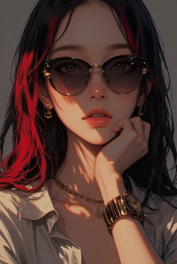 1girl,artist_name,aviator_sunglasses,black-framed_eyewear,black_jacket,brown_hair,domino_mask,eyepatch,heart-shaped_eyewear,jacket,leather,leather_jacket,lips,lipstick,long_hair,looking_over_eyewear,makeup,mask,open_clothes,open_jacket,orange-tinted_eyewear,pink_background,realistic,red-tinted_eyewear,red_background,red_lips,round_eyewear,shirt,signature,solo,sunglasses,tinted_eyewear,upper_body,white_shirt,yellow-framed_eyewear