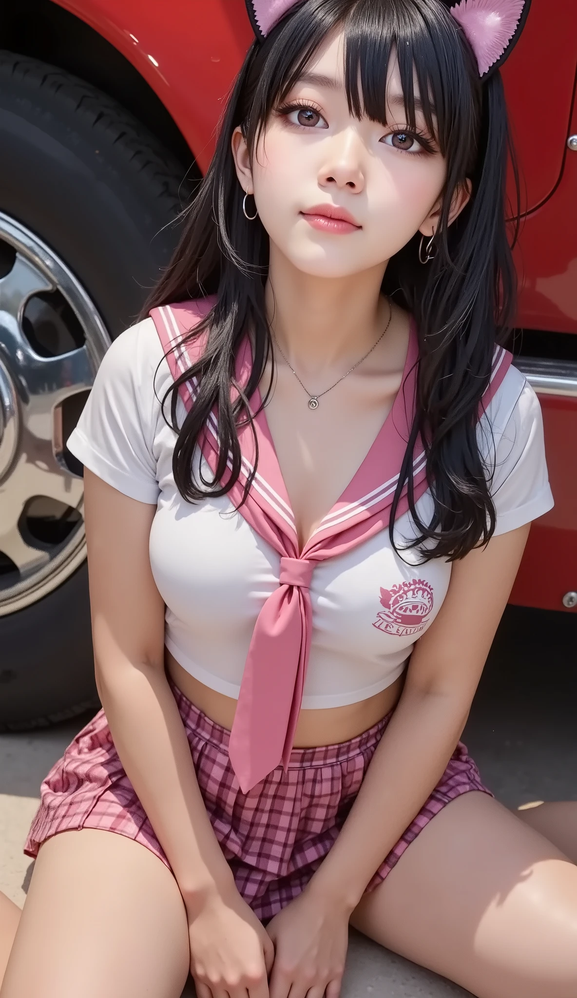 (full body shot:1) photorealistic image of a (sitting pose:1) ultrarealistic, semi realistic, cinematic lighting, masterpiece, (perfect lighting:1.4), expressive! Exposed, (((nsfw, uncensord))), source_photo, source_anime, 8k, highest definition, RAW photo, DSLR, ultra-detailed, picture-perfect, best quality, detailed shading, depth_of_field, cinematic lighting, ((dynamic view)), (hyperrealistic:1.2), photography, long curl cute black hair, cat ears, woman, 24 years old, hourglass figure, perfect body, seductive look, natural medium breasts, blur background, she is sitting in the passenger side inside of a huge red 16-wheeler truck, she wears a ((hoop earrings, college girl (Purple straight long ponytail hair, Princess Updo, HairClips, Hair Ornaments, perfect glowing pink-purple eyes) in uniform, (pink plaid pleated skirt), (see-through white unbuttoned blouse), (pink tie), (thigh high socks))), ((petite)), wolf ears, sitting on floor, baack agaist wall, legs parted, cinematic lighting, dynamic angle, light rays, volumetric lighting, concept art,Fantasy detailers,Thriller illustration haunted doll,REALNIME, cleavage, he has long eyelashes and cat eye make-up, soft smile, stretched pussy, sensual fuck, riding cock, wet crotch, wet anus, grinding on cock, ass spread, size difference (moist skin), (sweaty skin:1.2), super detail, ((transparent liquid flowing only from vagina, soaked dripping:1.35)), pussy juice