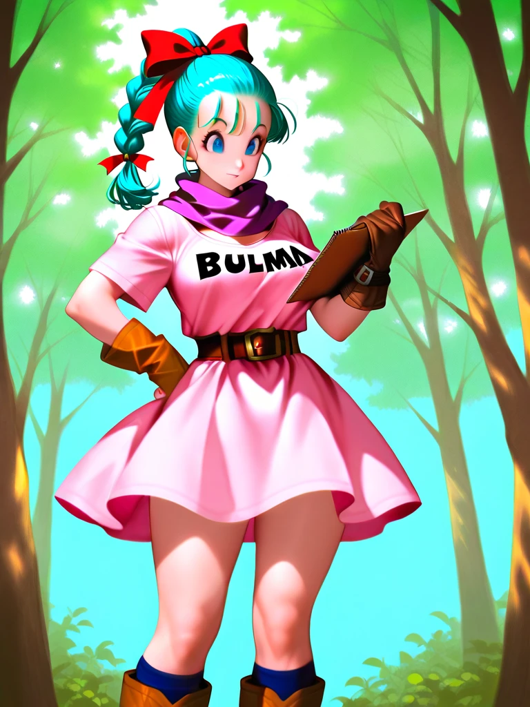 1girl, Mitsuri Kanroji, kimetsu no yaiba style, braid, anime coloring, japanese cloths, black skirt, green thighhighs, cleavage, open cloths, miniskirt, smile, blush, sunset, grass field, looking at viewer, ((masterpiece))
