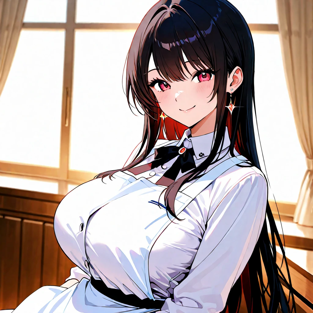 (Ultra Masterpiece), Best quality, OverDetailed, Ultra-Detailed, Digital Art, Detailed Face, (18K++, HD+), (Hyper-Detailed Eyes:1.3), (Absurdres:1.3), (Skindentation: 1.2), (Realism: 1.25), (Best shadow: 1.25), (Anime:1.3); [Expressive eyes, /(Tsundere face)/, /(Tsundere looks)/, (Perfect face)++, (seductive beauty)+, Plump Gyaru, Huge breasts, Very curvy, (dark hair), Long hair, Bracelets, Beautiful hairstyle, (amber eyes), Full lips, (face filled with happiness, shy expression, blushing), very cute], ((beautiful character design))+, At home; /(Clothes details)/, Professional photo, (90s anime style). [(Toned legs, Thick thighs), (slim waist), Big breasts, Ray tracing, (Perfect face+), Octane render, Hentai realism, good looking shirt, ((white) collared shirt: 1.3), (open clothes), good-looking skirt, ((red) Skirt: 1.2), mini-skirt, (cleavage: 1.1)], At home, Huge breasts, Wide hips, (Shiny skin), (Very healthy body), 1 Female, (bold and assertive pose), (Very sexy+, Gorgeous woman+, young mature woman+), Facing the viewer, (Tsundere: 1.4)+