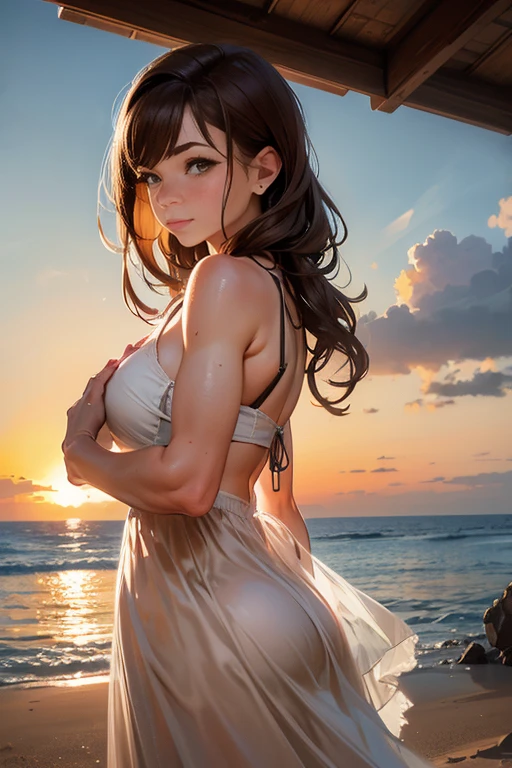 Best Quality,Masterpiece,Ultra High Resolution,(Realisticity:1.4),Original Photo,night Ligh,
1nude Girl,smile,backlighting, beach,