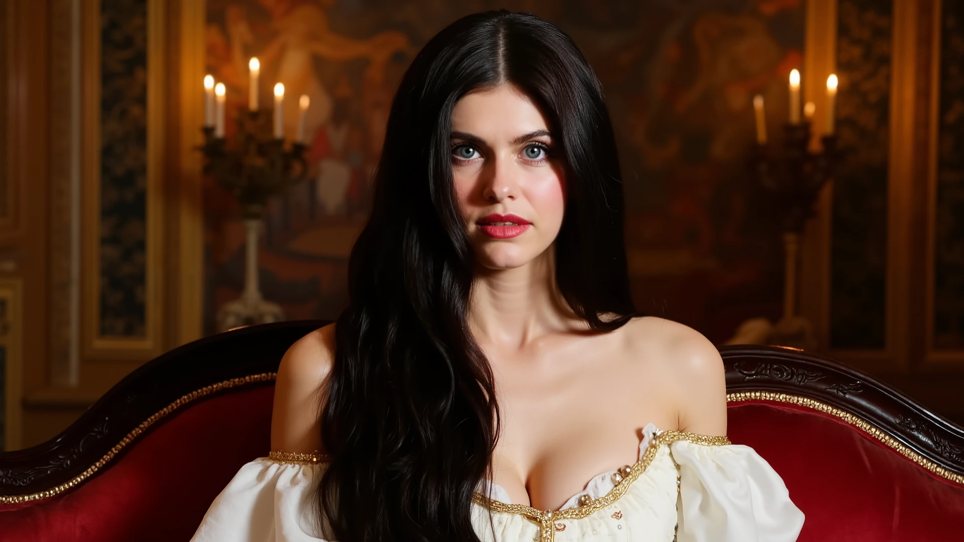 In a dimly lit, opulent medieval setting, a regal young lady with long, flowing black curls rests on a sumptuous couch, exuding grace and charm. She wears an ethereal white gown with golden accents, echoing the styles of ancient Greece and Rome. The surrounding walls are richly decorated with ornate murals, while the glow of candlelight adds warmth to the scene. Her noble yet relaxed demeanor is highlighted by her serene expression and tempting smile, with emerald eyes that sparkle with life. This image captures a hyperrealistic portrayal, showcasing her flawless complexion and perfectly aligned teeth.