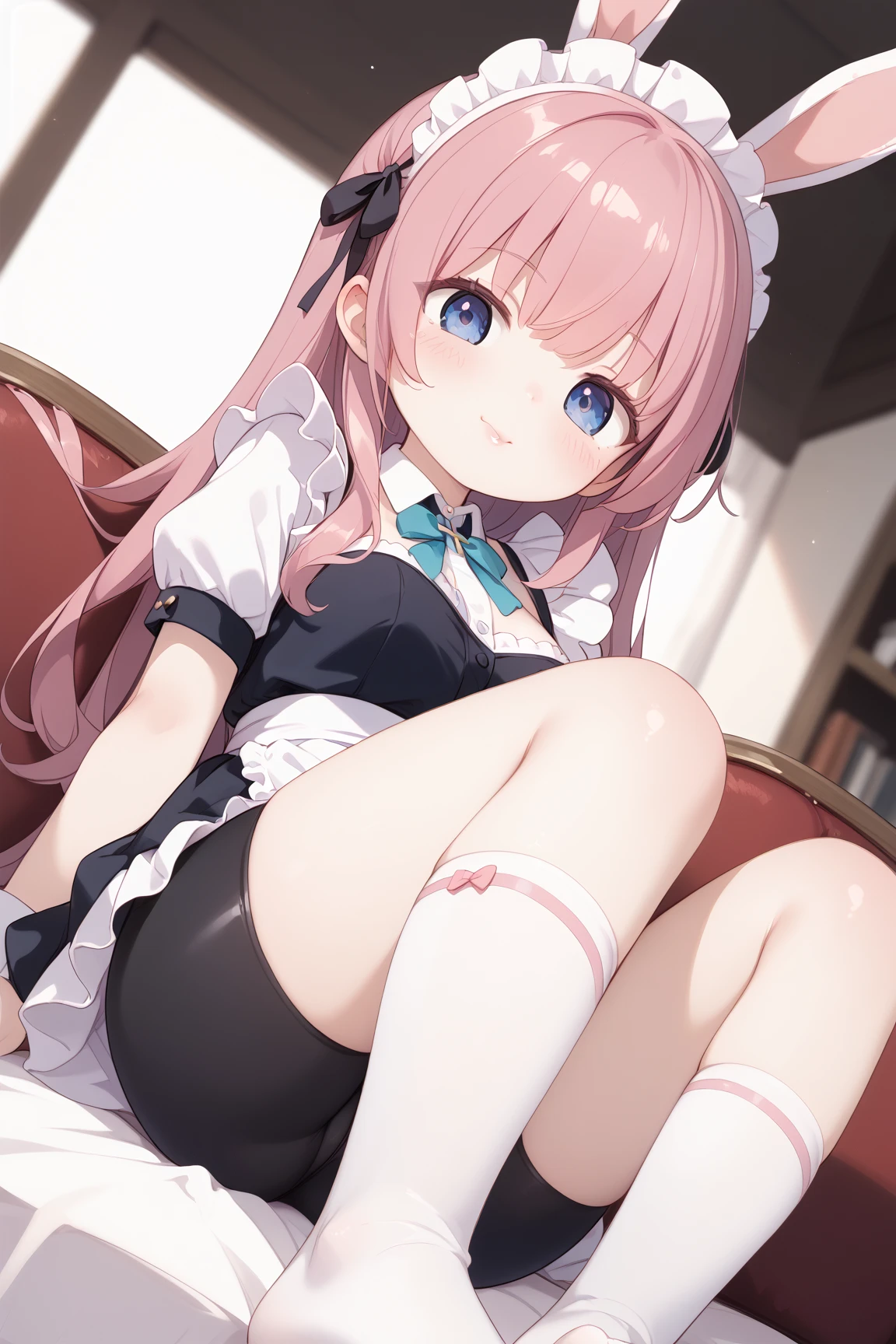 highest quality, masterpiece, ((1 girl:1.5)), ((smile:1.3)), (blush:1.3), Black Shirt, blouse, ((fun!!)), (Small breasts), Blonde, (Long sleeve), ((White apron:1.5)), ((Maid)), ((hair ornaments)), Kamimei, look at me, ((in house:1.5)), Taking a break from watching the audience, ((spread legs:1.5)),, (Highly detailed pink striped panties:1.3), (Highly detailed panties:1.3), ((Panties fully exposed:1.5), Light blue eyes, long hair, Glowing Eyes