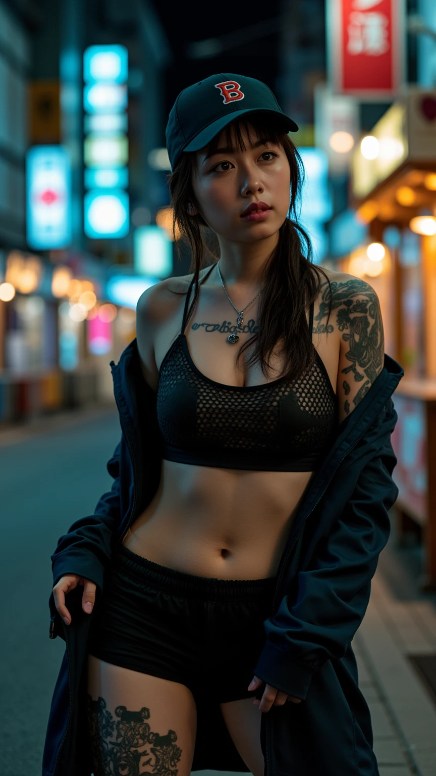 16K, Realistic photo image, Masterpiece, Shot with a SLR camera, Canon, aperture 1.8, Hyperrealism, 1 girl in the frame, looking straight at us, Chinese woman, similar to Linda Evangelista in her youth, futuristic image, cyberpunk style, dark hair in a tight bun, She standing at full height, ((black sport bra and underwear), (big breast), Wearing Nike Air Jordan shoes, against the backdrop of a gray glowing cyberpunk city, neon signs in the background, written on the signs in Chinese. Full body potrait, ((body tattoo: 1.2)) ((smiling))
