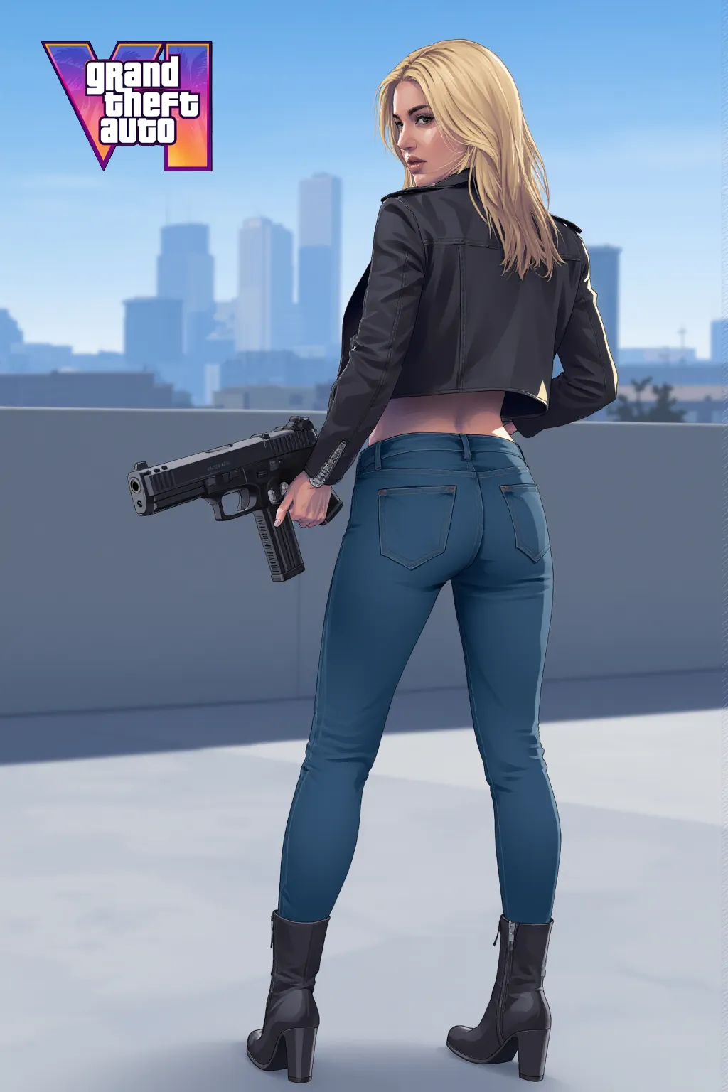 1girl, black jacket, jeans, boots, holding and aiming gun, new york city street backdrop, shooting pose, danger atmosphere, gritty atmosphere,