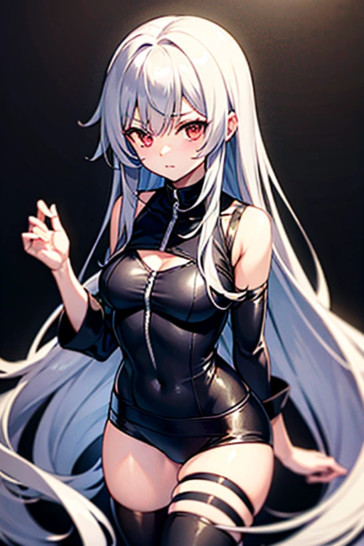 masterpiece, high quality, 4K, HDR, A battle-ready, gothic fantasy setting, sharp black horns on the head, a black halo above the head, a woman, grumpy, looking at viewer, open mouth, jagged teeth, intake hairstyle, long hair, blunt cut, blunt bangs, silver hair, red eyes, odd eyes, jitome, pale skin, toned body, medium breasts, beauty mark, with devil wings on back, adult, cowboy shot, from front, front view, from below, low angle shot, moonlight
