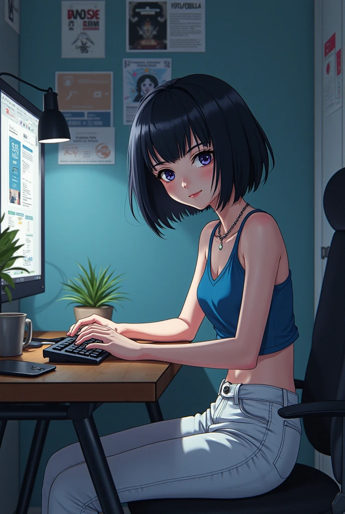 (photo Aesthetic , wallpaper ,8k), (masterpiece, vibrant, best Quality), dynamic lighting,1 girl, solo, 18 years old, short black hair, Messy hair , blue eyes, tank top, black Jacket, shorts, Playing games, ((lighting from a computer)), (high angle), indoor, (night), (dim room)