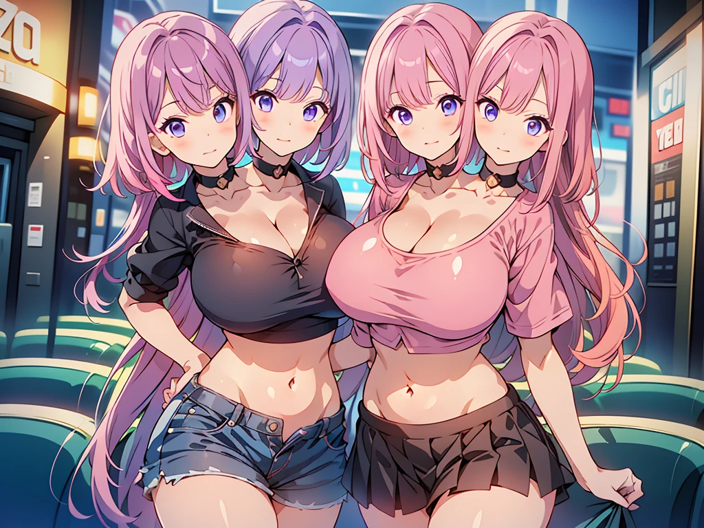 Masterpiece, super high quality anime style illustration, 8K, early Meiji period in Japan. In front of an old fashioned cafe, outdoors at night, ((very beautiful 20 year old maids)), ((two beautiful girls smiling)). ((squatting)), colorful eyes, pink lips, perfect makeup, flashy colorful outfit, maid cafe outfit in Akihabara, regular breasts, a glimpse of cleavage, attractive proportions, smallish ass.