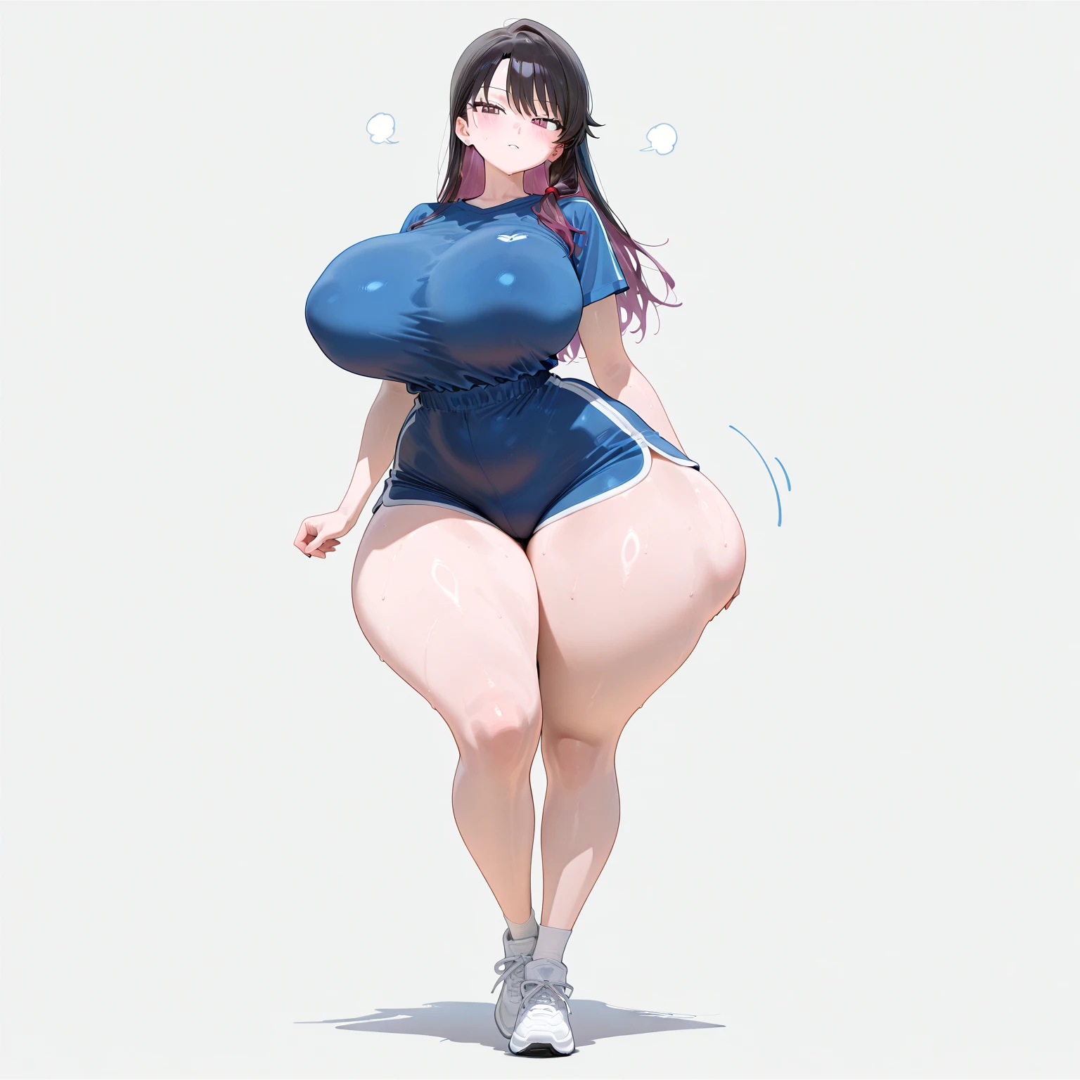 young girl, T-shirt, long skirt, whole body to see, smiled, excited, moans, long hair, (( very wide hips)), (((colossal Thighs, gigantic thighs, very huge thighs, very big thighs))), sexy pose, wet clothes