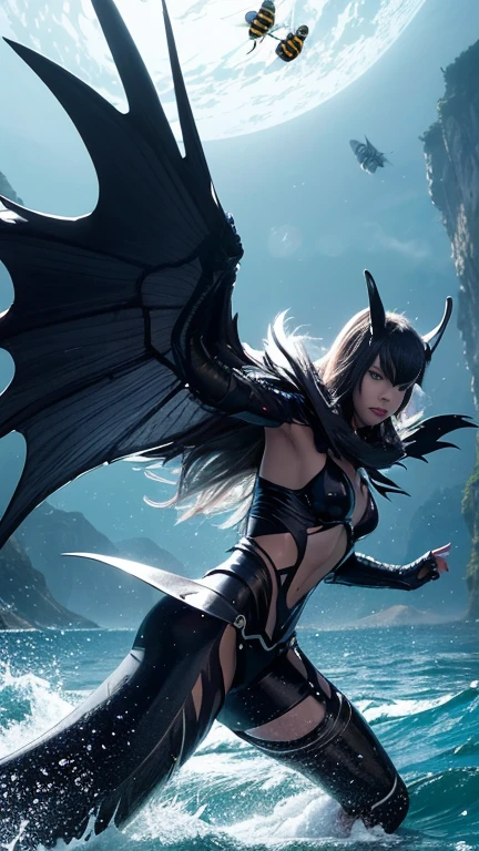 long black hair,goddess,cleavage,Abdominal muscles,black dragon corner,The body has black dragon scales,white dragon wings,black dragon tail,Bare waist,thigh,thong,thunder clouds