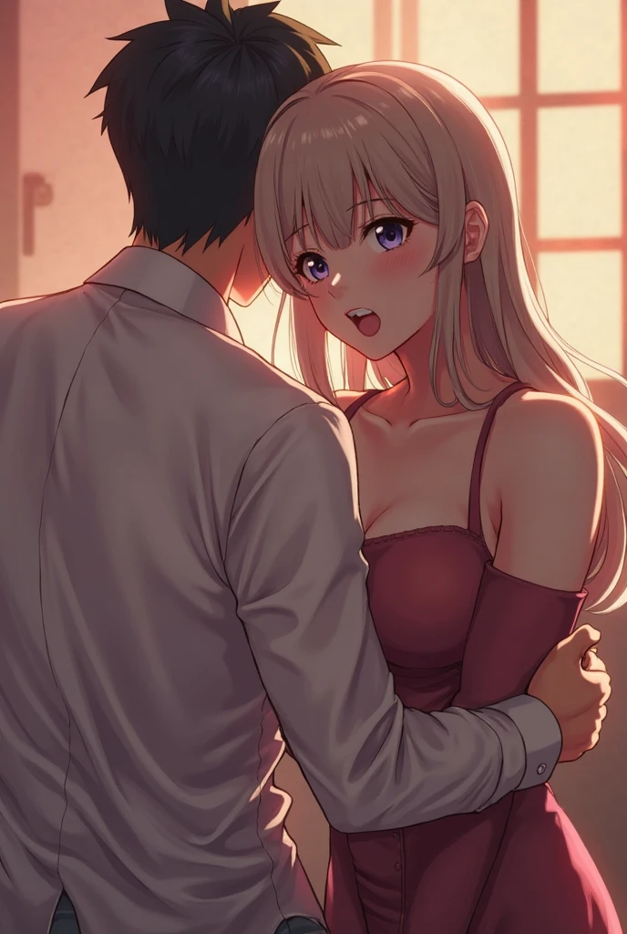 Perfect human body、1 handsome man,1 girl、A couple、heterosexuality、 NSFW, ((actual, Bedrooms)), (very highly detailed background), (((Stand next to the girl、Guy kisses girl))),  camisole、mini-skirts、鎖骨,Bigchest，((woman with fever)), ((perspiring,steamy))), 、mini-skirts、((The expression of coloce flushed), 帅气俊朗的男人Stand next to the girl、looking at viewert,