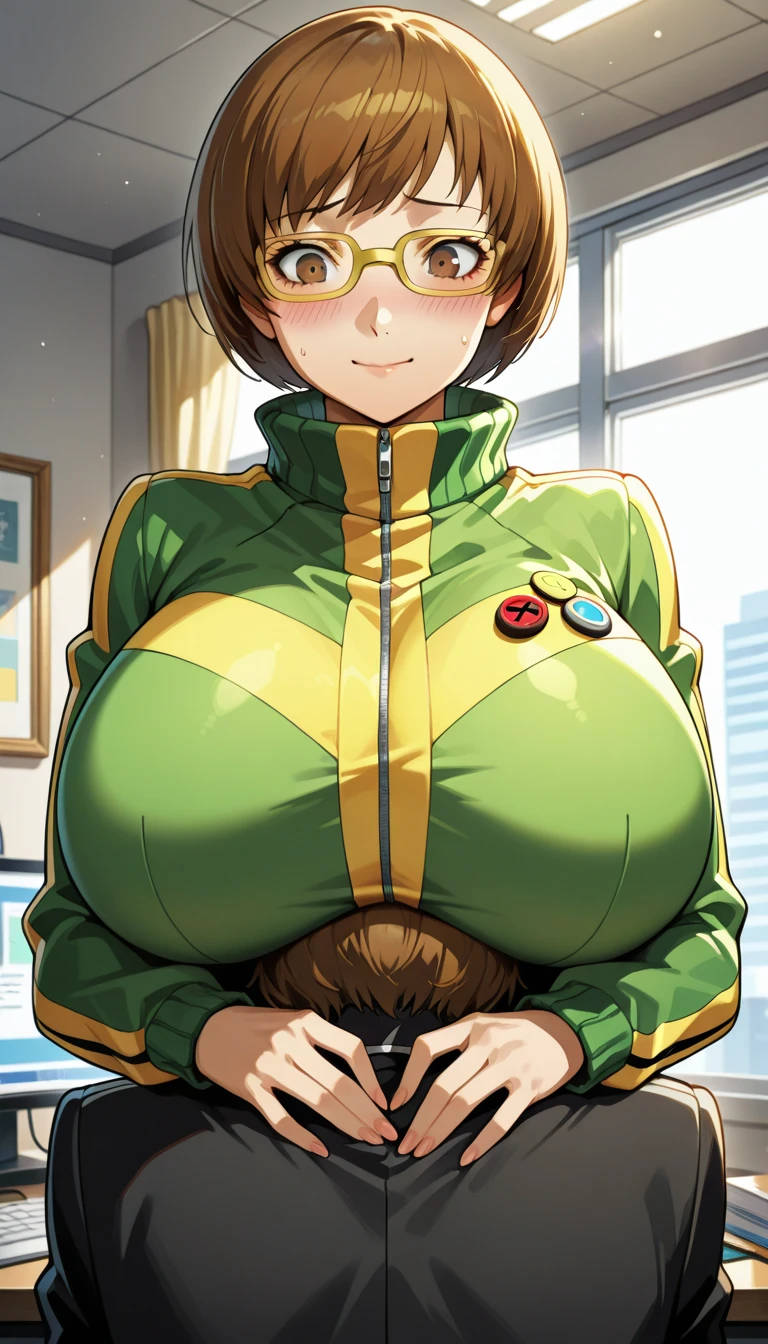 ((illustration)), (best quality)), ((masterpiece)), (detailed), benuaf, 1girl, brown hair, blue pants, green jacket, bmb-fc, huge breasts, big ,